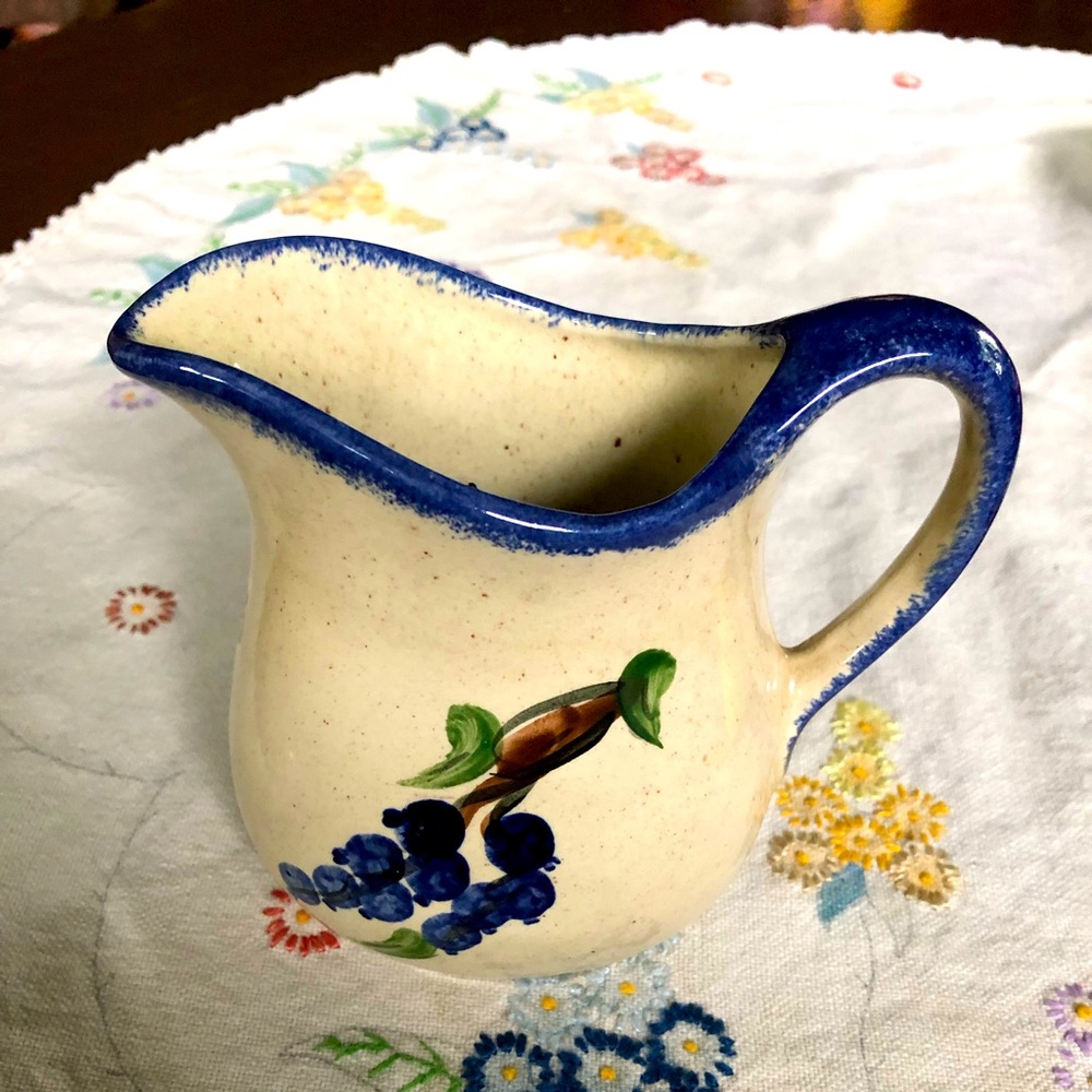 Vintage Small Handpainted Ceramic Pitcher. Blueberries on Cream Background. 5"T